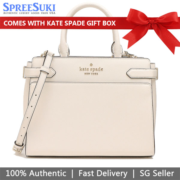 Kate Spade Crossbody Bag Staci Saffiano Leather Medium Satchel Parchment Off White # WKRU6951