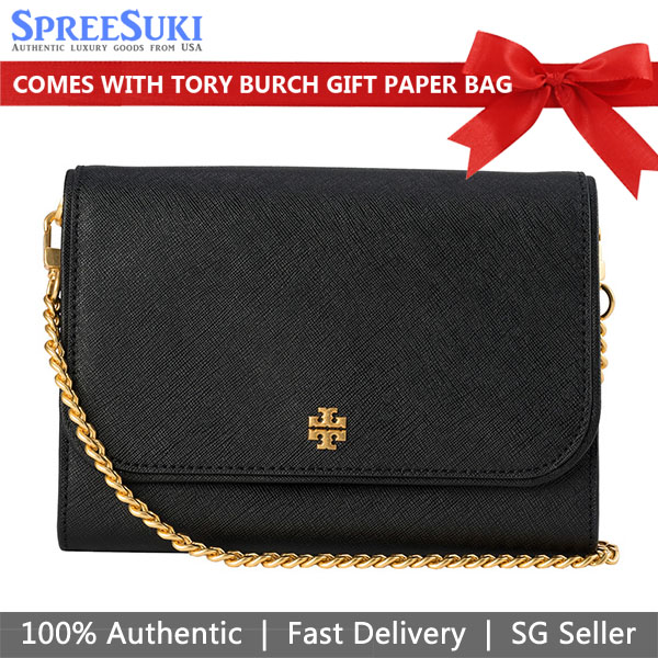 Tory Burch Crossbody Bag Woc Wallet On Chain Emerson Saffiano Leather Chain Wallet Black # 136093