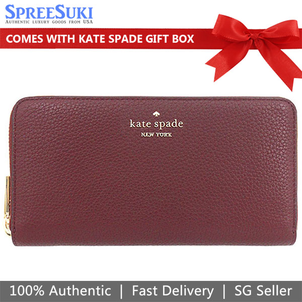 Kate Spade Long Wallet Leila Pebble Leather Large Continental Wallet Cherrywood Dark Red # WLR00392