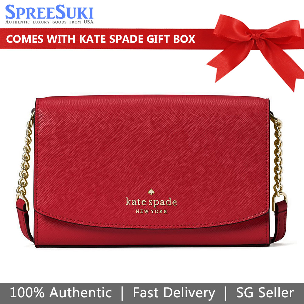 Kate Spade Crossbody Bag Staci Saffiano Leather Small Flap Crossbody Red Currant # WLR00632