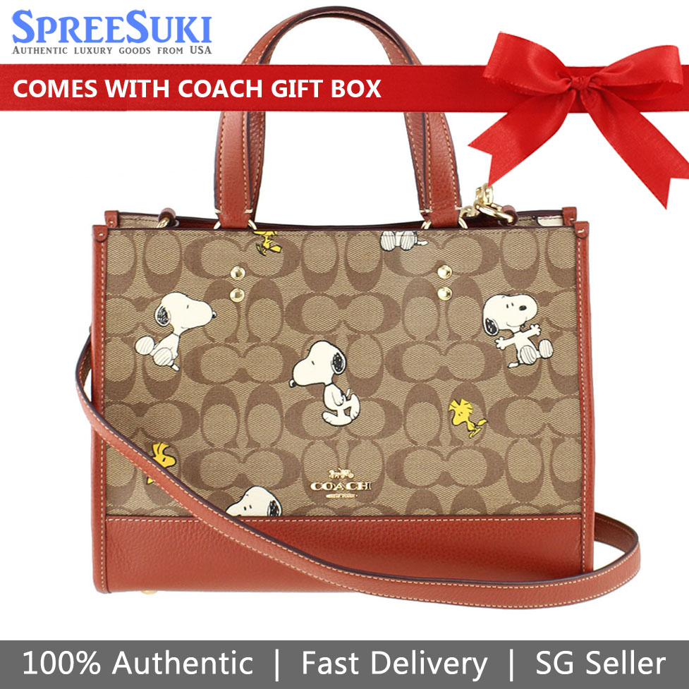 Coach Coach X Peanuts Dempsey Carryall In Signature Canvas With Snoopy Woodstock Print Khaki Redwood # CE862