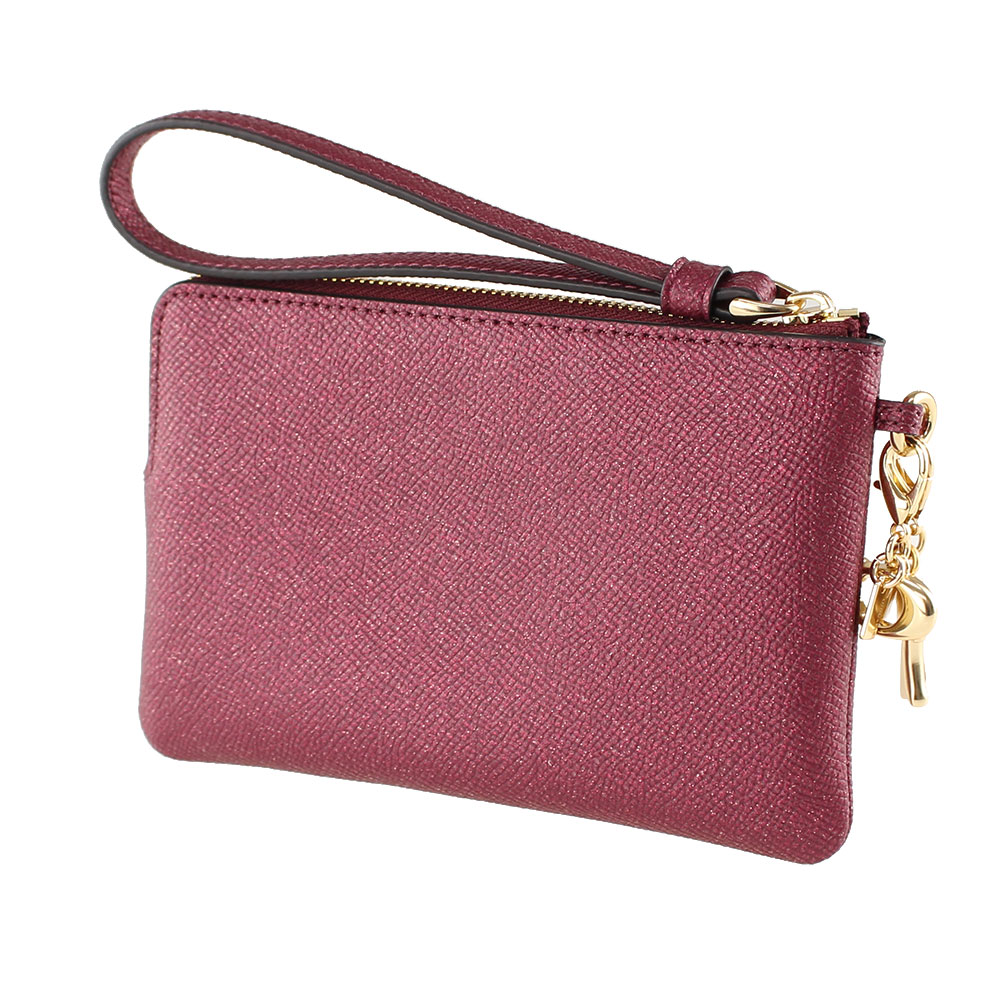 Coach Small Wristlet Boxed Glitter Corner Zip With Charm Black Cherry Red # CF547