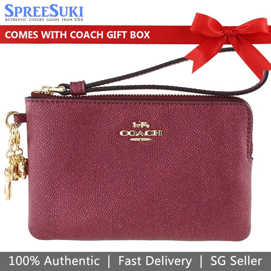 Coach Small Wristlet Boxed Glitter Corner Zip With Charm Black Cherry Red # CF547D1