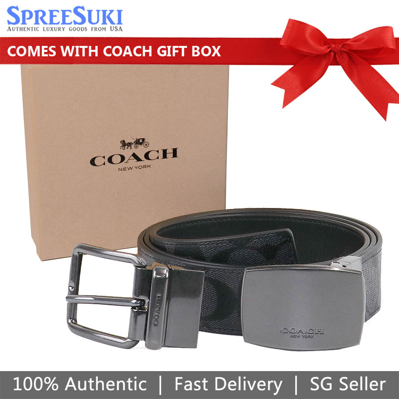 Coach Men Signature Boxed Harness Plaque Reversible Belt Black # F22540