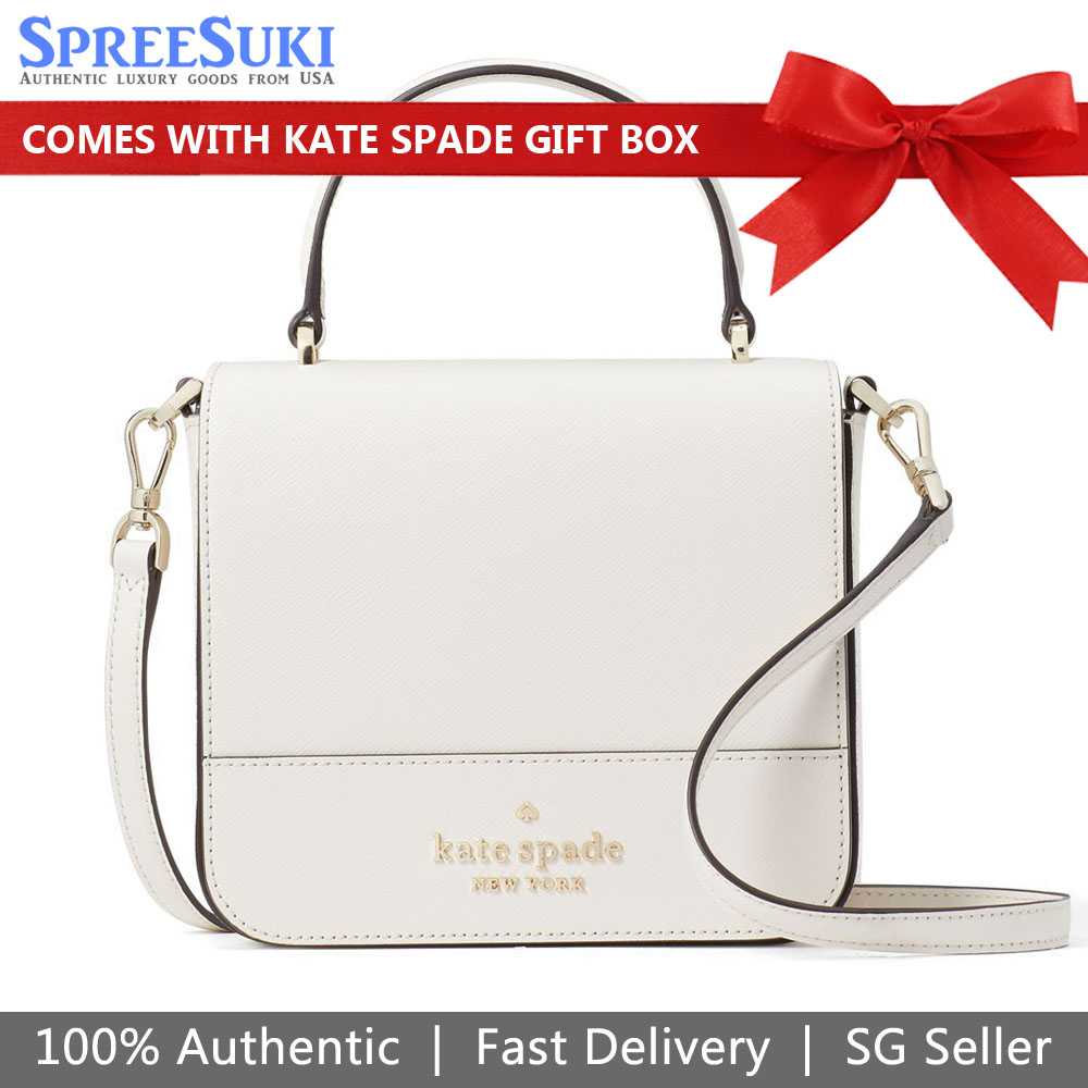 Kate Spade Crossbody Bag Staci Saffiano Leather Square Flap Crossbody Parchment Off White # K7342