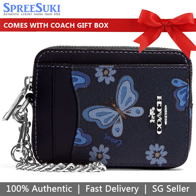 Coach Lovely Butterfly Zip Card Case Midnight Navy Dark Blue # CH715