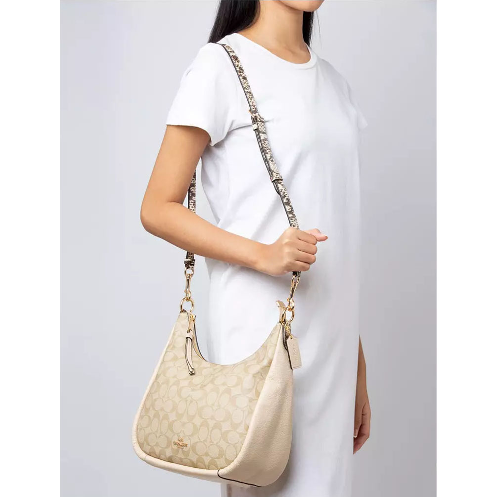 Coach Jules Hobo Signature Canvas Bag Snake Embossed Light Khaki Ivory # C9191