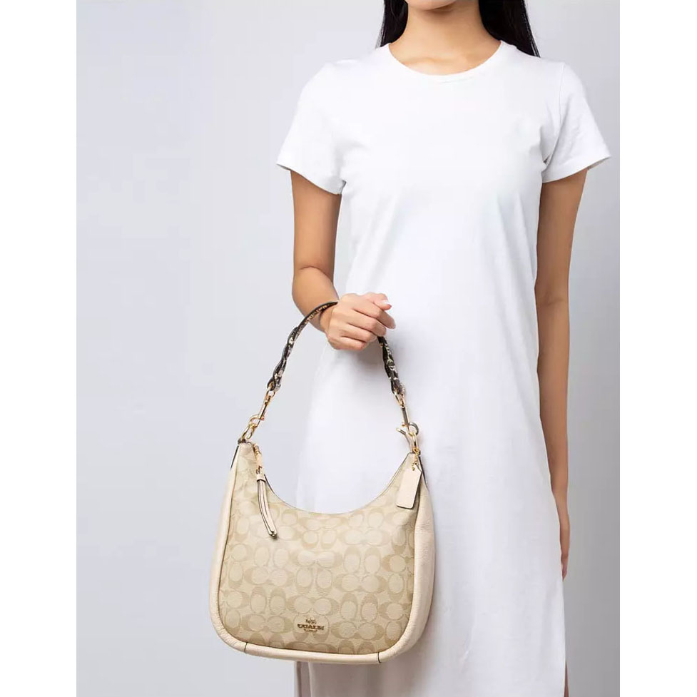 Coach Jules Hobo Signature Canvas Bag Snake Embossed Light Khaki Ivory # C9191