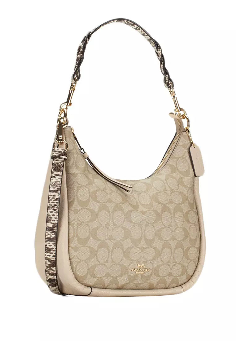 Coach Jules Hobo Signature Canvas Bag Snake Embossed Light Khaki Ivory # C9191