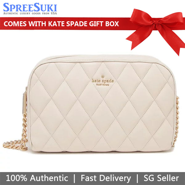 Kate Spade Crossbody Bag Carey Smooth Quilted Leather Mini Camera Bag Parchment Off White # KA592