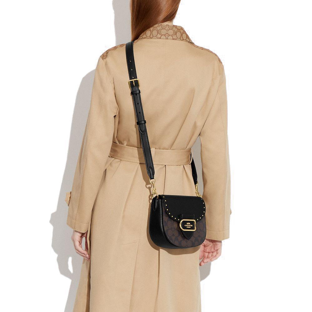 Coach Morgan Saddle Bag In Colorblock Signature Canvas With Rivets Brown Black # CE567