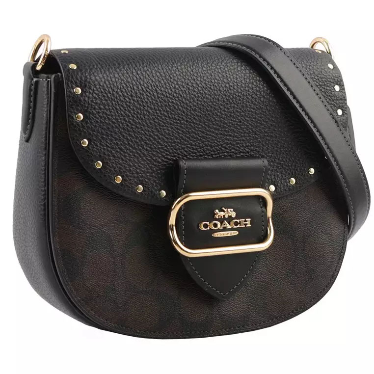 Coach Morgan Saddle Bag In Colorblock Signature Canvas With Rivets Brown Black # CE567
