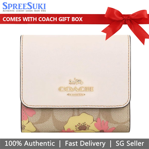 Coach Small Wallet Small Trifold Wallet In Signature Canvas With Floral Cluster Print Light Khaki # CH719