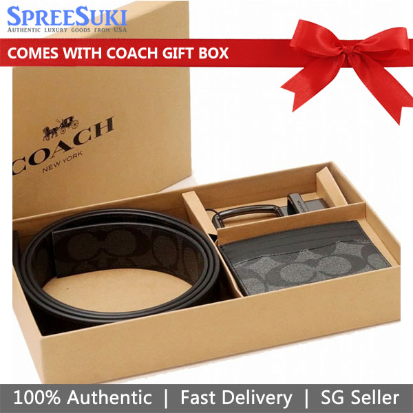 Coach Men Boxed Card Case And Belt Gift Set In Colorblock Signature Canvas Charcoal Black # C8278