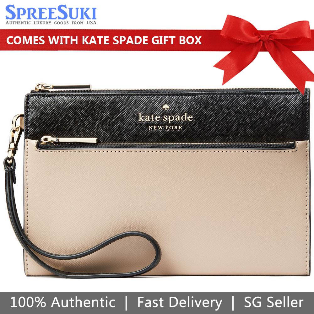 Kate Spade Medium Wallet Staci Medium Wristlet Warm Beige Black # K6122