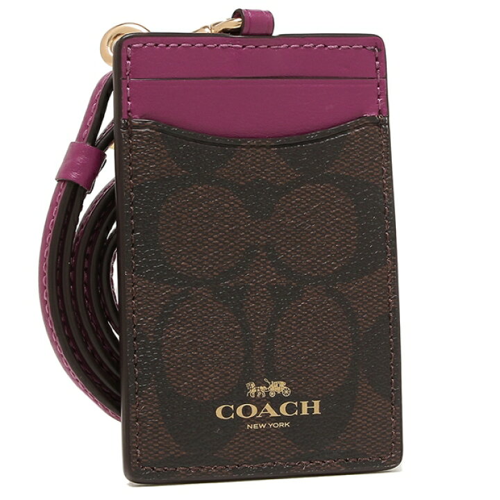 Coach Id Lanyard In Signature Coated Canvas Card Holder Card Case Brown Dark Magenta # 63274