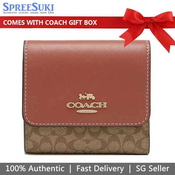 Coach Small Wallet Small Trifold Wallet In Colorblock Signature Canvas Khaki Terracotta # CF369