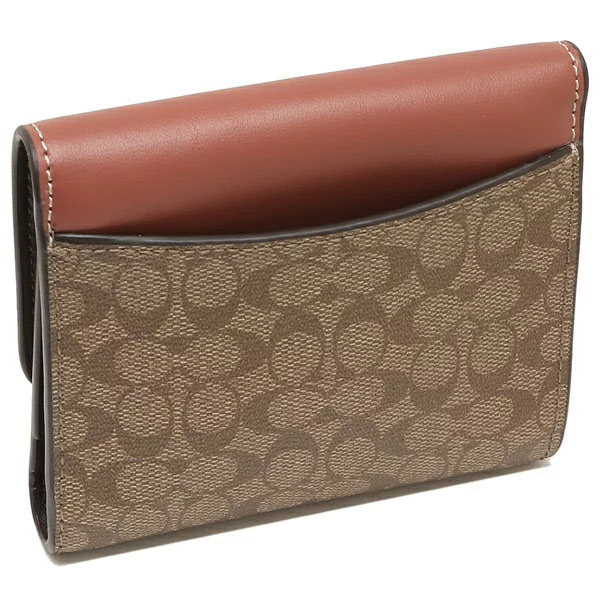 Coach Small Wallet Small Trifold Wallet In Colorblock Signature Canvas Khaki Terracotta # CF369