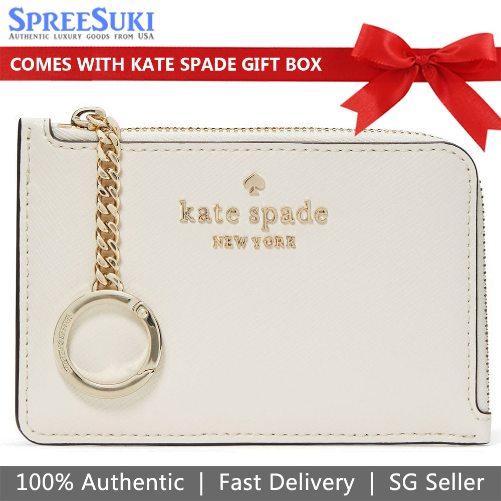 Kate Spade Staci Saffiano Leather Colorblock Medium L-Zip Card Holder Parchment Off White # WLR00136