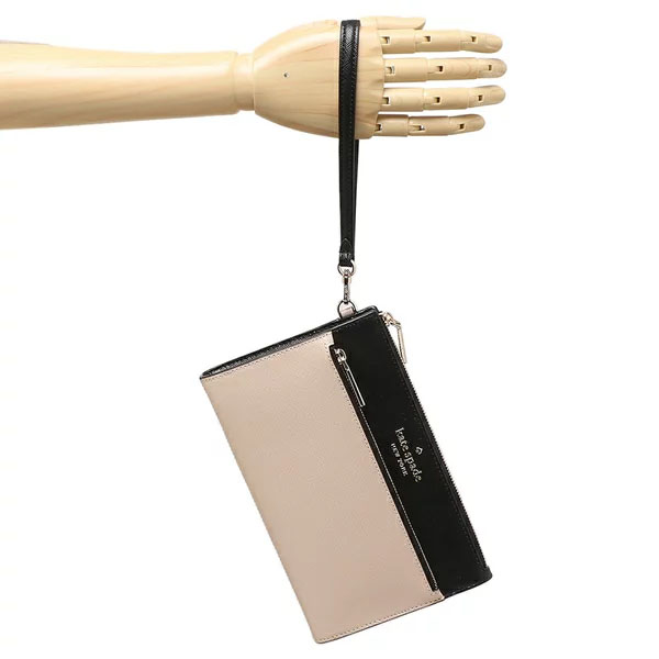 Kate Spade Medium Wallet Staci Medium Wristlet Warm Beige Black # K6122