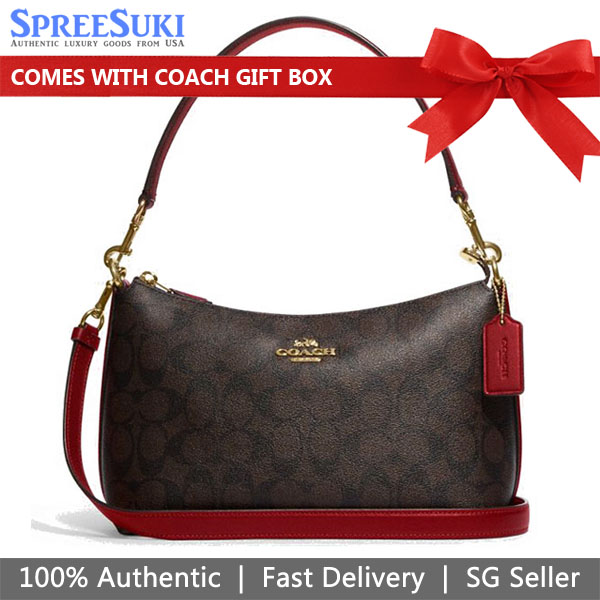 Coach Clara Shoulder Bag In Signature Canvas Brown 1941 Red # CF377