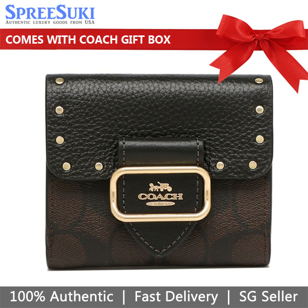 Coach Small Wallet Small Morgan Bifold Wallet With Rivets In Signature Colorblock Brown Black # CF471