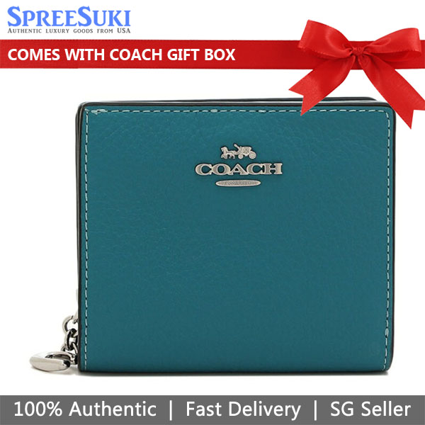 Coach Small Wallet Pebble Leather Snap Wallet Teal Blue # C2862