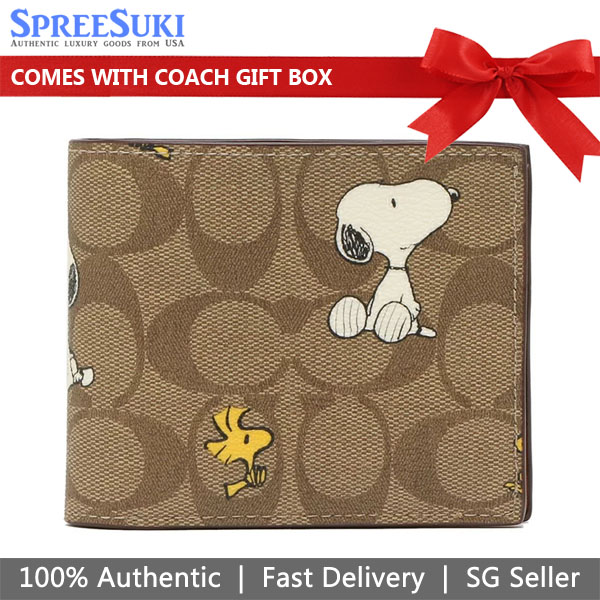 Coach Men Coach X Peanuts 3 In 1 Wallet In Signature Canvas With Snoopy Woodstock Print Khaki # CE714