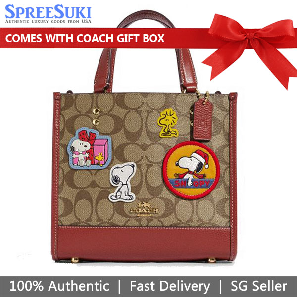 Coach Coach X Peanuts Dempsey Tote 22 In Signature Canvas With Patches Khaki Redwood # CE851
