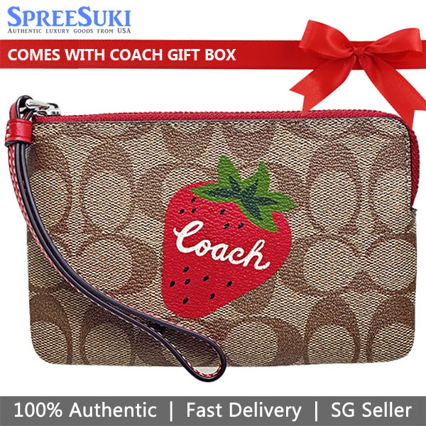 Coach Signature Canvas Corner Zip Wristlet Wild Strawberry Khaki Electric Red # CH530