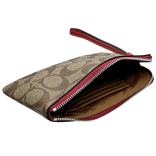 Coach Signature Canvas Corner Zip Wristlet Wild Strawberry Khaki Electric Red # CH530