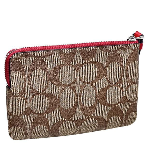 Coach Signature Canvas Corner Zip Wristlet Wild Strawberry Khaki Electric Red # CH530