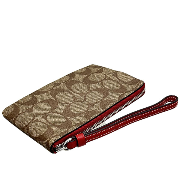 Coach Signature Canvas Corner Zip Wristlet Wild Strawberry Khaki Electric Red # CH530