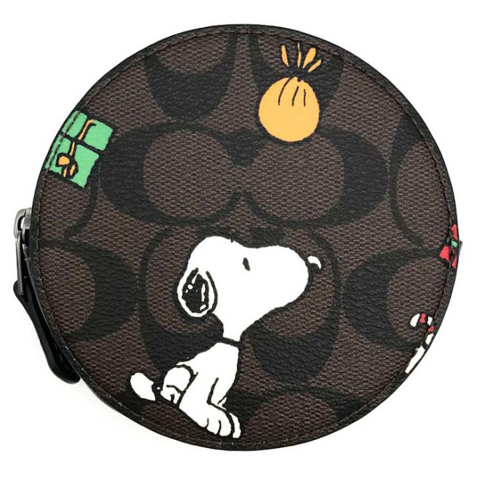 Coach Coach X Peanuts Round Coin Case In Signature Canvas With Snoopy Presents Print Brown Black # CF245