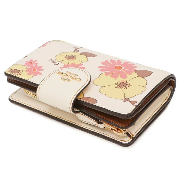 Coach Medium Wallet Medium Corner Zip Wallet In Signature Leather Floral Cluster Print Chalk Off White # CH734