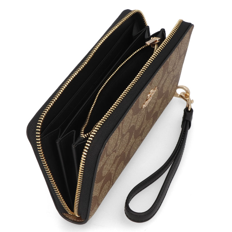 Coach Long Wallet Signature Long Zip Around Wallet Wristlet Khaki Black # C4452