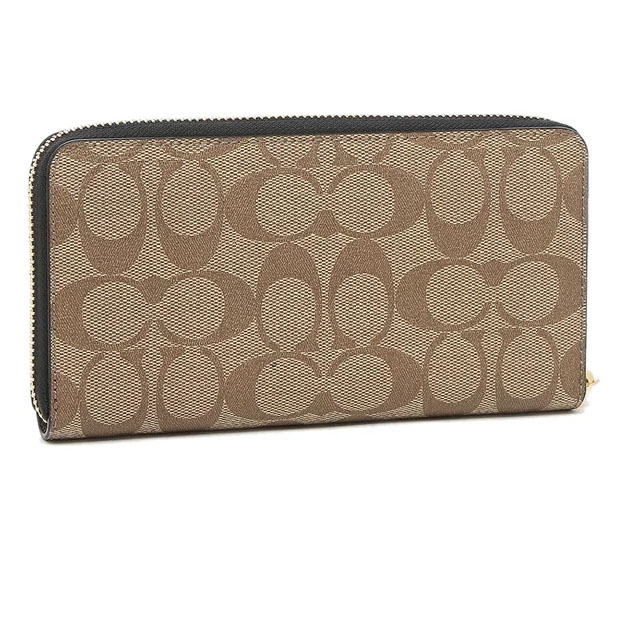 Coach Long Wallet Signature Long Zip Around Wallet Wristlet Khaki Black # C4452