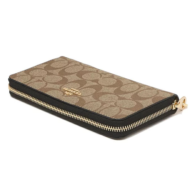 Coach Long Wallet Signature Long Zip Around Wallet Wristlet Khaki Black # C4452
