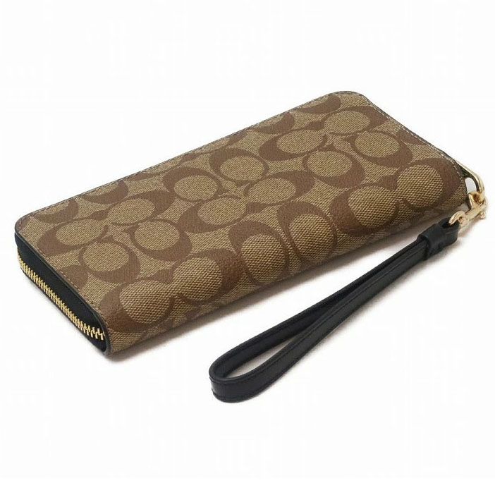 Coach Long Wallet Signature Long Zip Around Wallet Wristlet Khaki Black # C4452