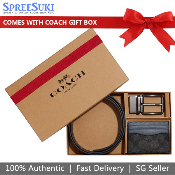Coach Men Boxed Card Case And Belt Gift Set In Colorblock Signature Canvas Charcoal Denim # C8278