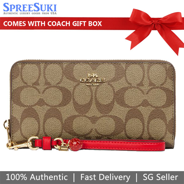 Coach Long Wallet Signature Long Zip Around Wallet Khaki Electric Red # CH595