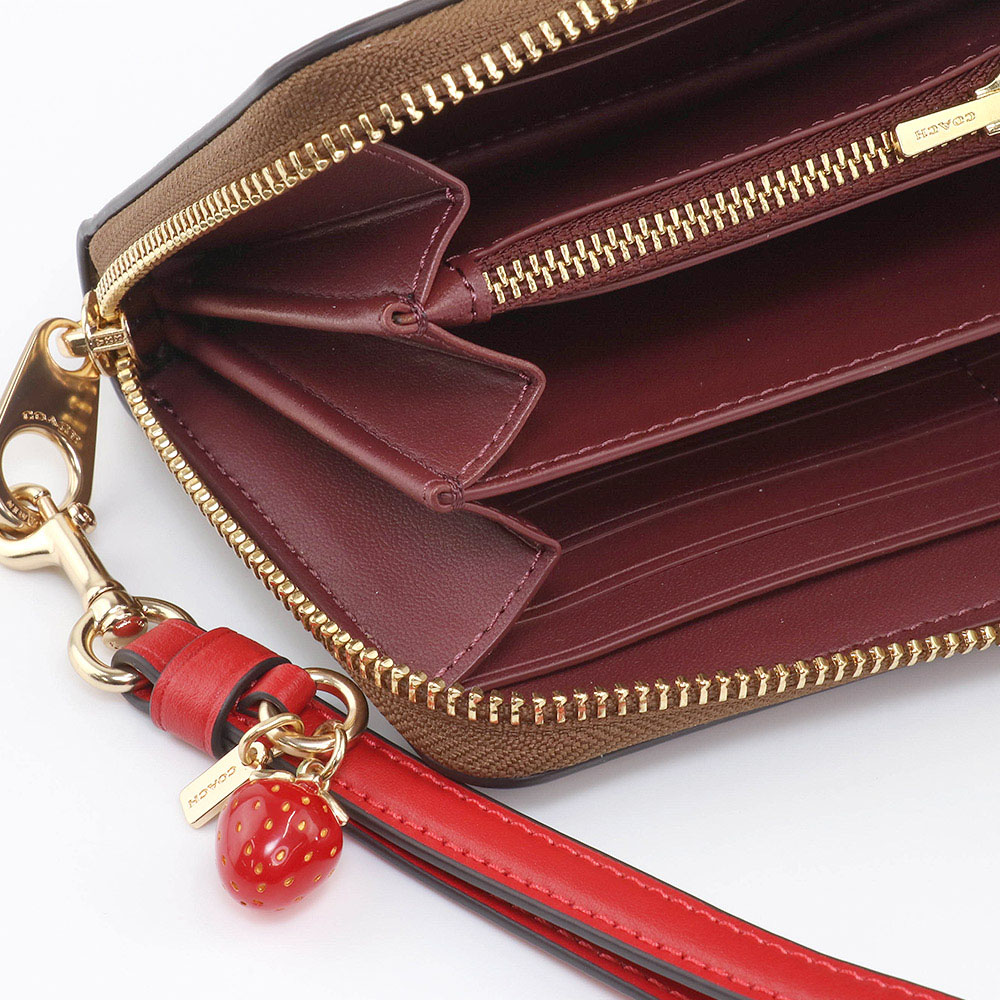 Coach Long Wallet Signature Long Zip Around Wallet Khaki Electric Red # CH595