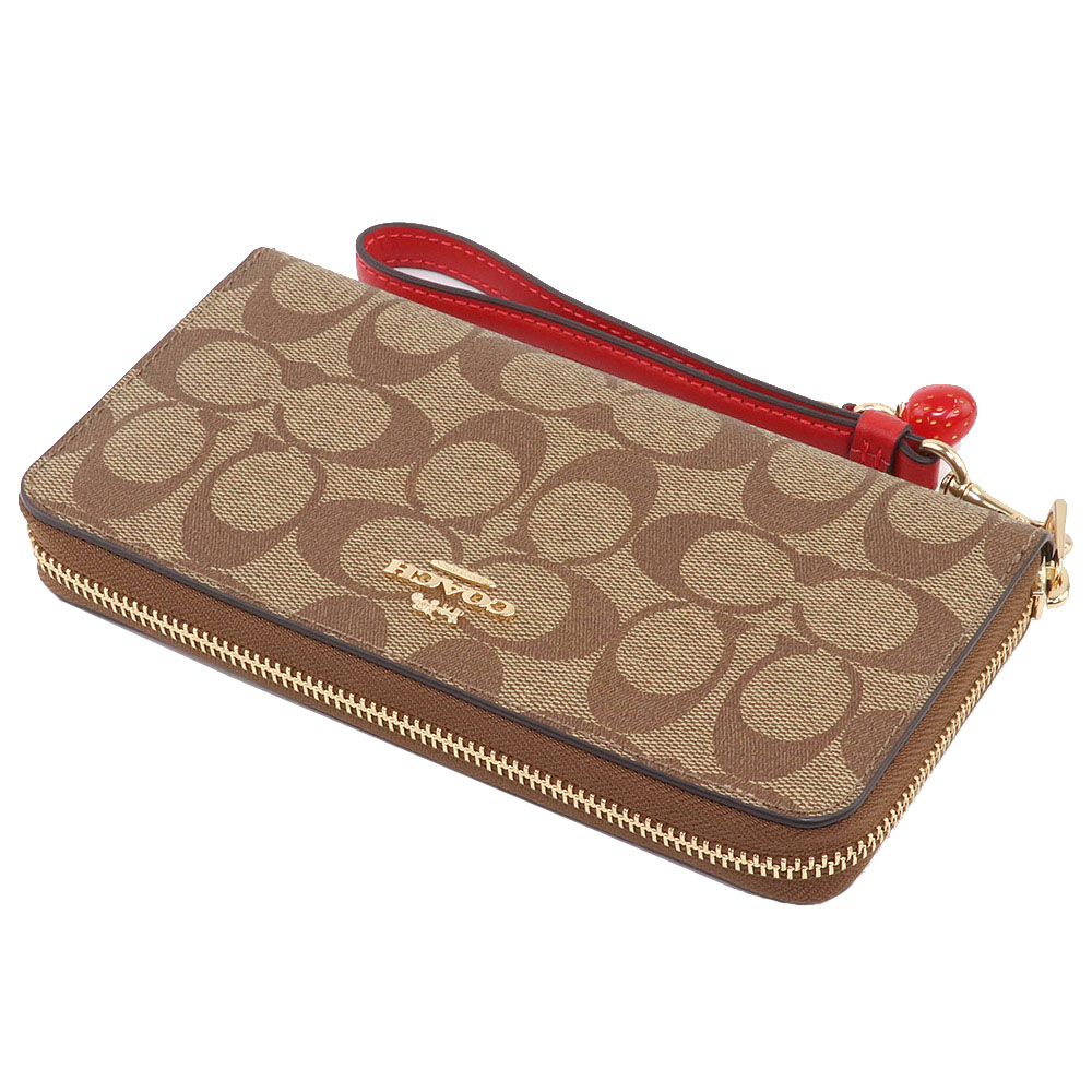 Coach Long Wallet Signature Long Zip Around Wallet Khaki Electric Red # CH595
