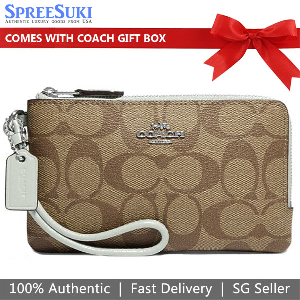 Coach Small Wristlet Double Corner Zip Wristlet Signature Khaki Light Sage # 87591