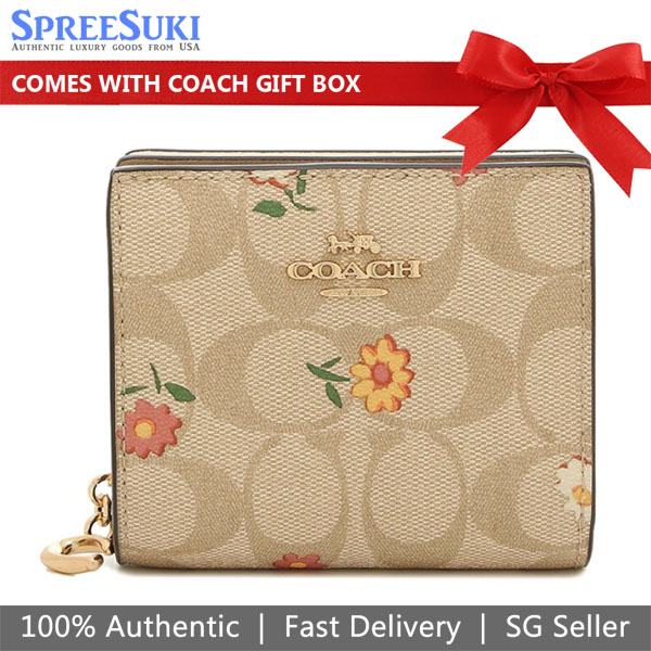 Coach Small Wallet Snap Wallet In Signature Canvas With Nostalgic Ditsy Print Light Khaki # CH477