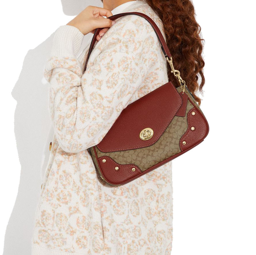 Coach Crossbody Bag Millie Shoulder Bag In Colorblock Signature Canvas Leather Khaki Terracotta # CE639