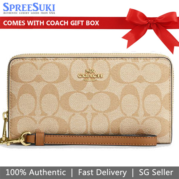 Coach Long Wallet Long Zip Around Wallet Wristlet Light Khaki Light Saddle Brown # C4452
