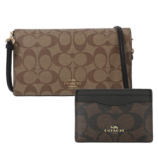 Coach Crossbody Bag Sling Boxed Anna Foldover Clutch Crossbody And Card Case Set In Signature Canvas Khaki Brown # C7354