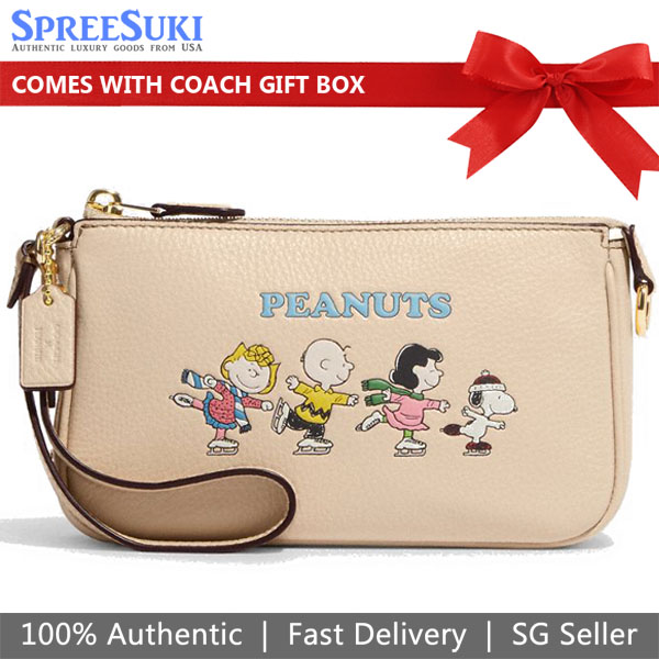 Coach Large Wristlet Coach X Peanuts Nolita 19 With Snoopy And Friends Motif Ivory Nude Beige # CE858