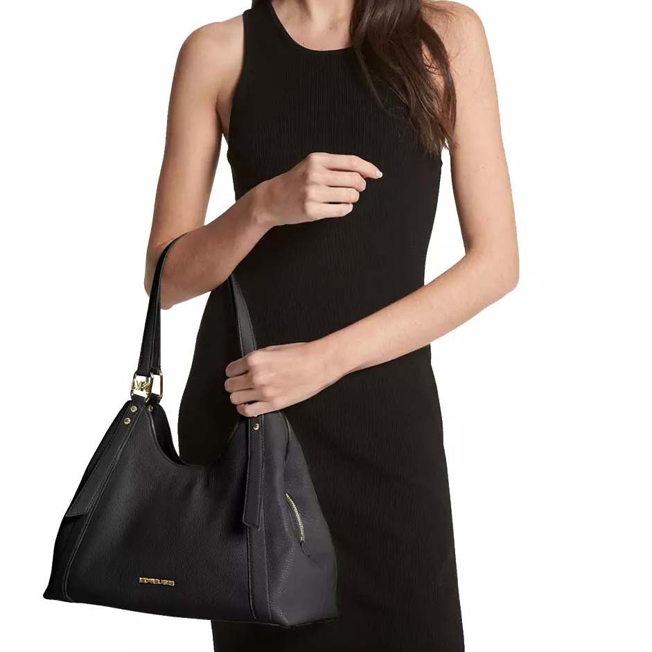 Michael Kors Tote Arlo Large Triple Compartment Pebbled Leather Shoulder Bag Black # 35S3GW7L7L